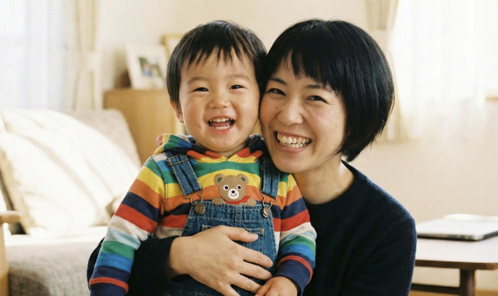 子供服が綺麗に届いて、その服を着た子供と満面の笑顔の写真